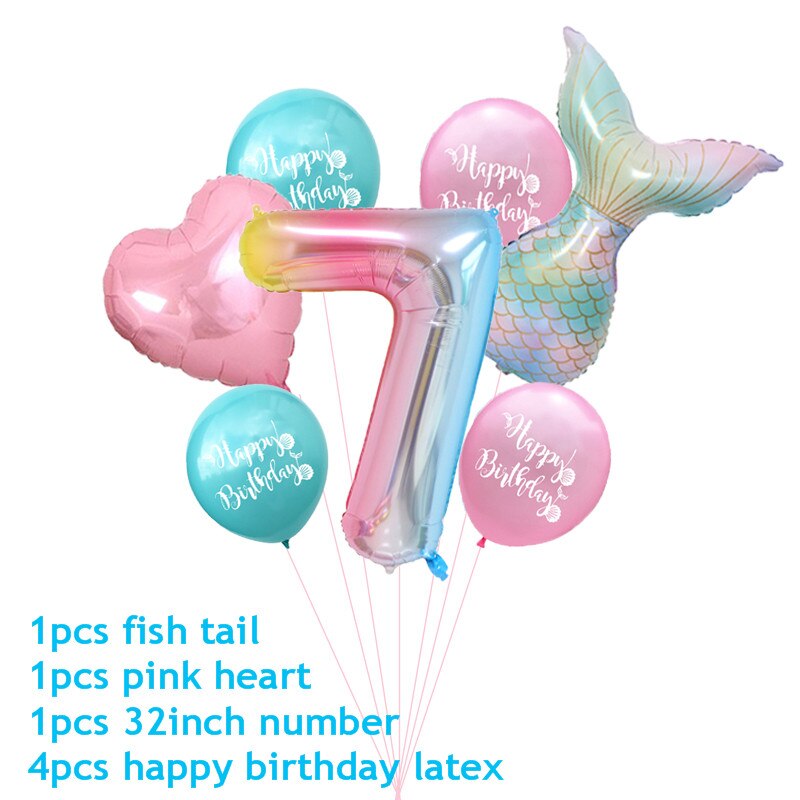 7pcs/lot Mermaid Party Balloons Number Foil Balloon Kids Birthday Party Decorations Baby Shower Decor Helium Globos supplies: 7