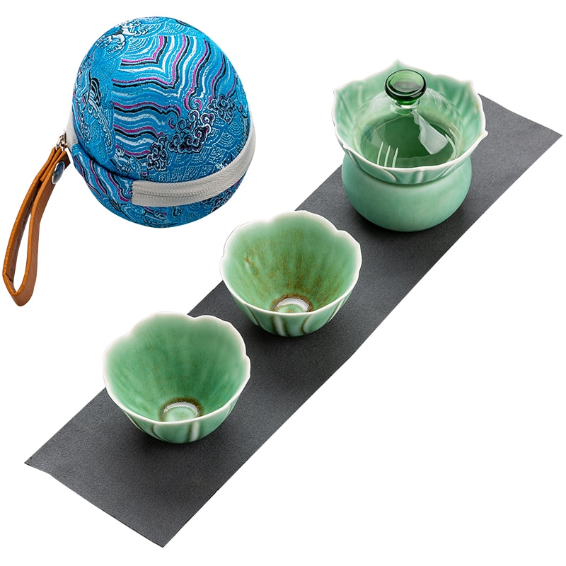 Tangpin grønne keramiske tekanner gaiwan med 2 kopper bærbare reise te sett drinkware