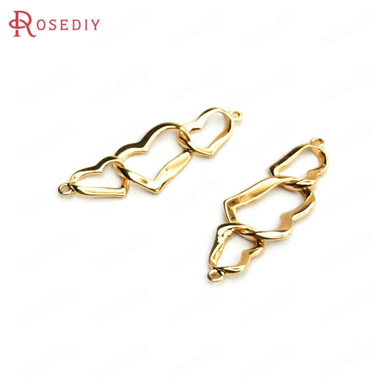 Bagues en laiton de couleur or 24K, 30x10MM, 2 trous, 3 cœurs, breloques de , accessoires 35190, 10 pièces, bijoux à bricoler soi-même