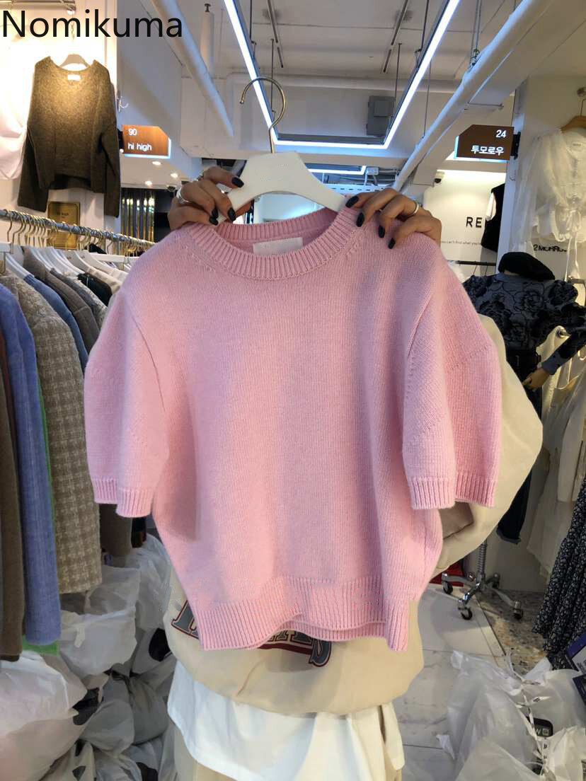 Nomikuma Korean Sweet Short Sleeve Knitted Pullovers Causal O-neck Women Sweater Spring Knitwear Jumpers 6F273