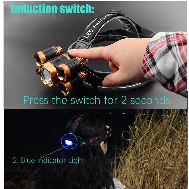 Most Powerful Induction ZOOM LED Headlight headlamp 5LED T6 Head Lamp Flashlight Torch head light Best For Camping, fishing
