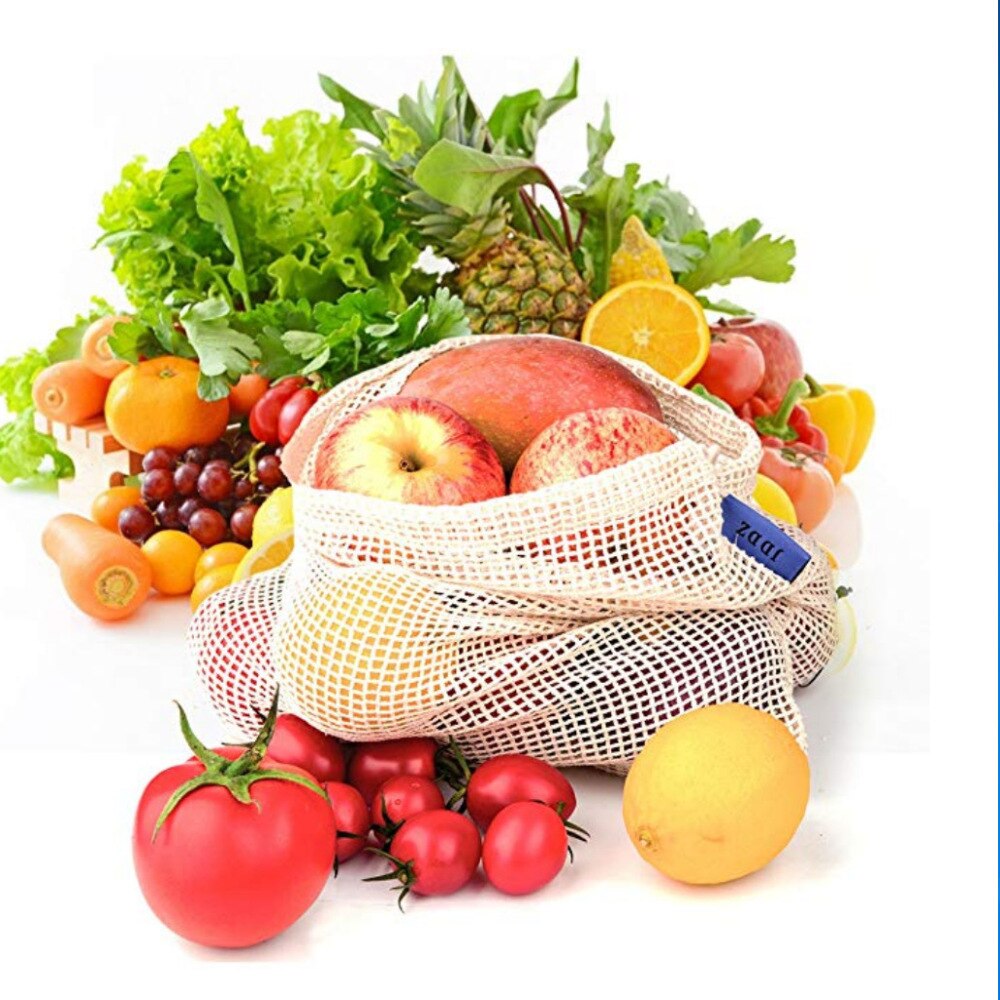 Reusable Cotton Vegetable Bags Home Kitchen Fruit And Vegetable Storage Mesh Bags With Drawstring Machine Washable