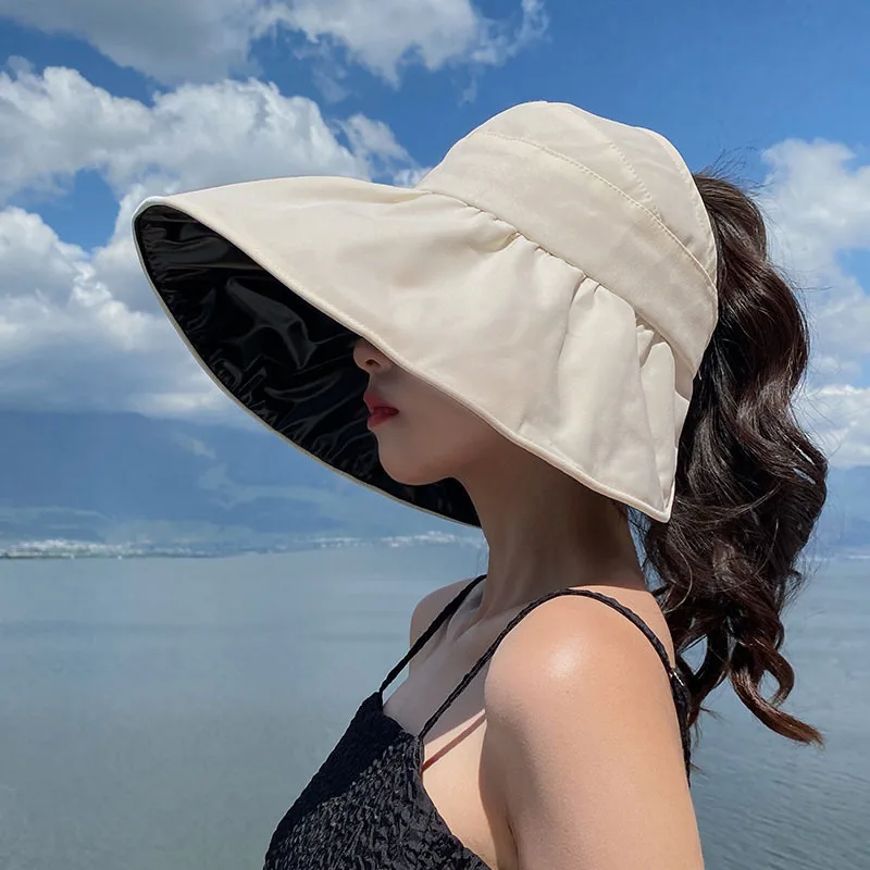 1 pz estate vuoto superiore a tesa larga pieghevole cappello da sole per le donne protezione solare anti UV cappello a secchiello femminile escursionismo all'aperto pesca spiaggia berretti: Beige