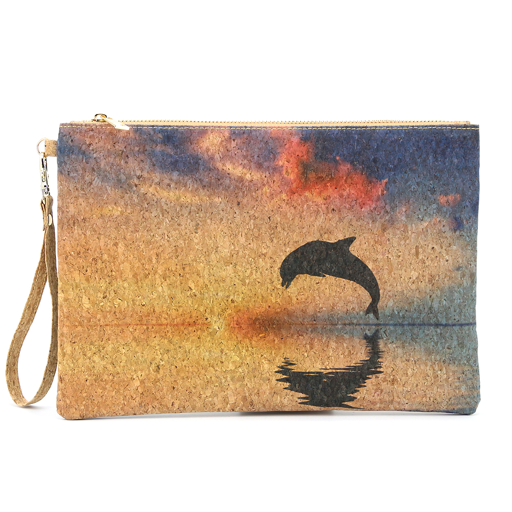 Bolso de viaje de corcho Natural, bolso de mano de corcho con estampado de delfines, bolso para mujeres y hombres