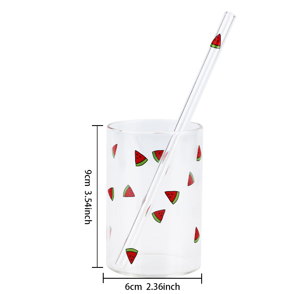 Cute Fruit Printed Glass Mug Cup Heat-resistant Milk Juice Glass Water Cup with Straw Beer Coffee Cup Whiskey Lemon Tea Mugs: B 210ml