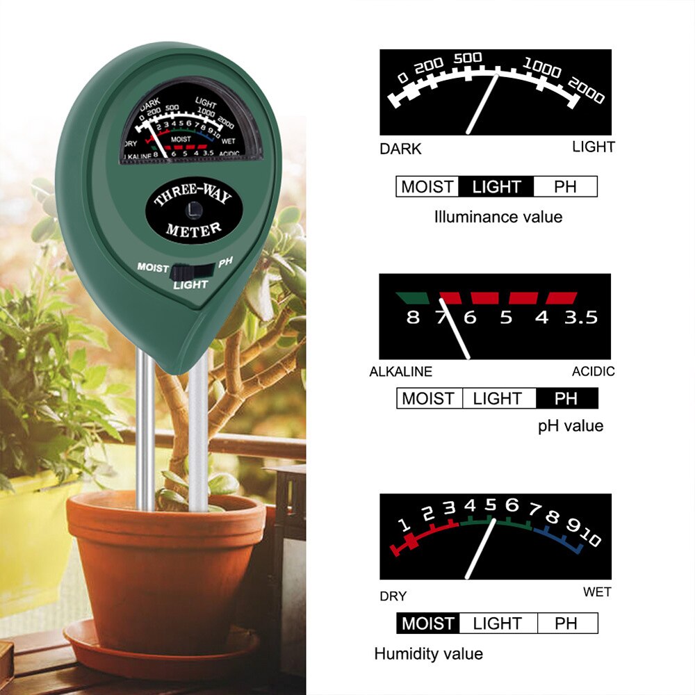 Medidor de PH 3 en 1, medidor de humedad del suelo, medidor de temperatura solar para cultivo de flores y plantas, herramienta de jardín