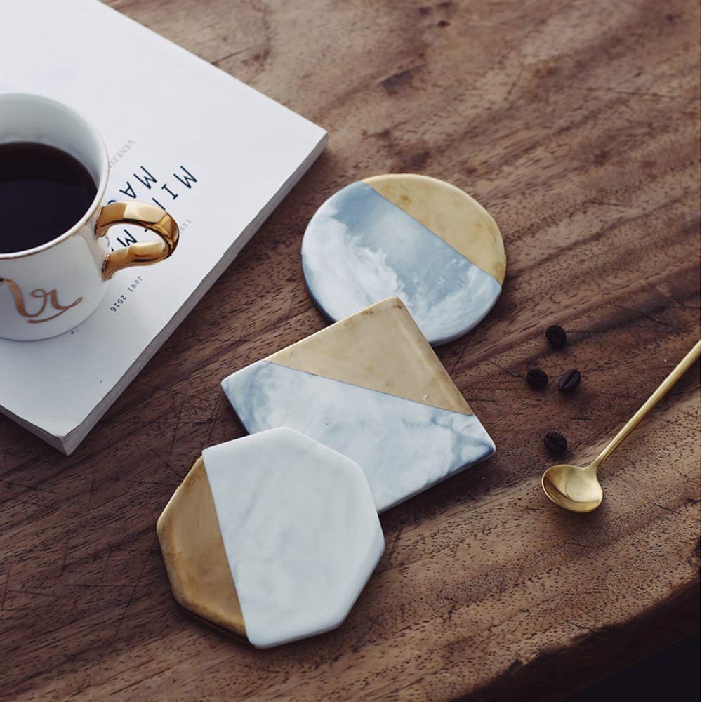 3 PCS Marble Stone Coasters Hexagon Round Square Drink Coasters Embellished with Gold Trim Set of 3