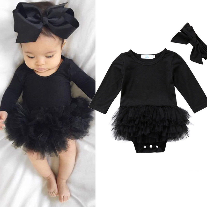 Nyfødt baby pige sort langærmet jumpsuit bodysuit tutu kjole bowknot pandebånd outfit tøj sæt