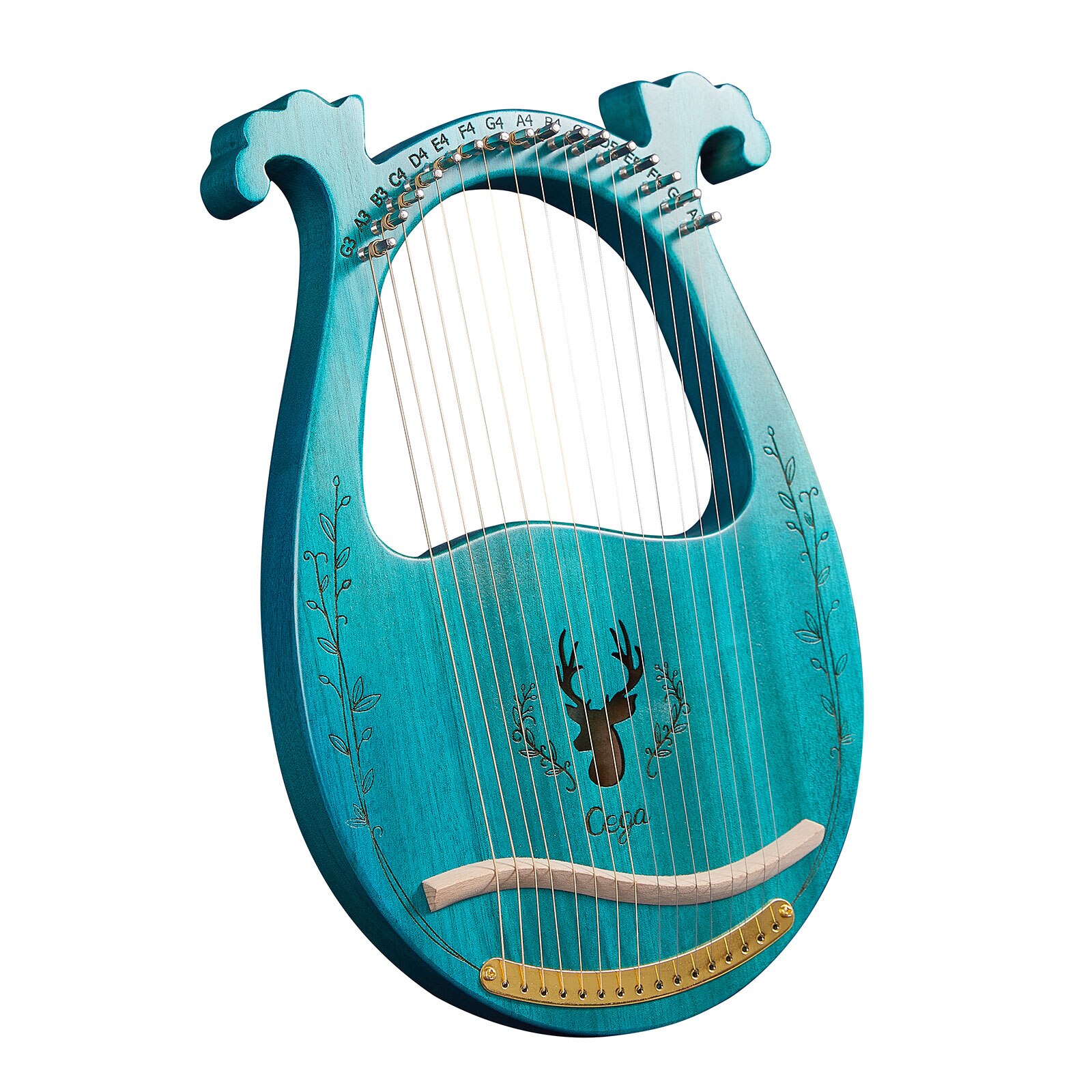 16-- snarige houten lier, harp, klankkast, snaarinstrument met stemsleutel, 3 stuks plectrums, snaarinstrumenten