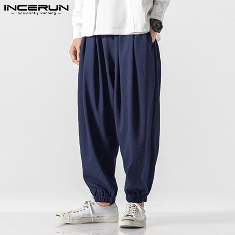 Herr retro hombre pantalones streetwear enfärgade byxor vintage joggingbyxor med dragsko herr lösa haremsbyxor plus storlek 7