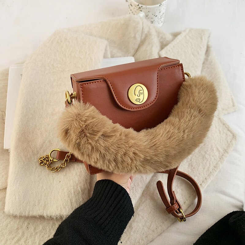 Miękki pluszowy zimowy uchwyt dużego ciężaru torba modny projektant kobiet torba na ramię wysoki sens łańcucha torba typu posłaniec rozrywka pani kopertówka: Brązowy