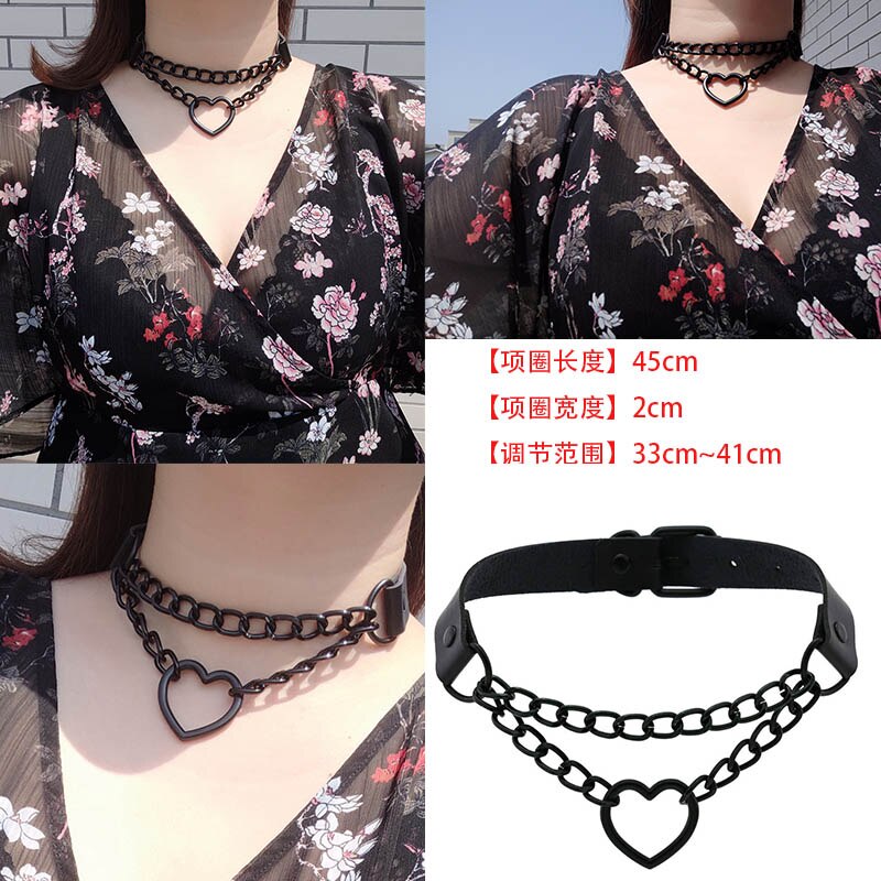 Black Gothic heart Punk Choker goth chain collar dark pu leather chocker Rock necklace women girls festival Jewelry