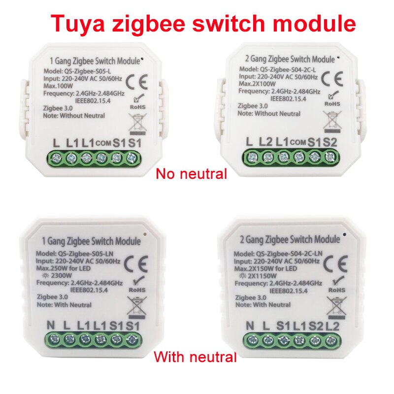 Tuya ZigBee 3.0 Smart Switch Module With/ No Neutral 2 Way Wireless Control Switch Relay Support Zigbee2MQTT Work with Alexa