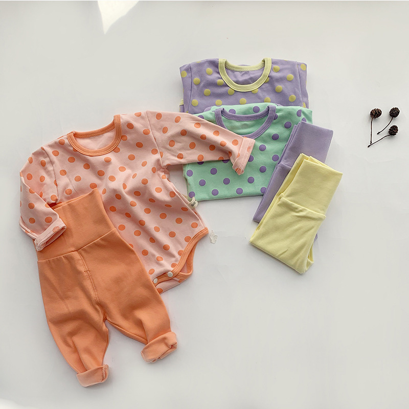 2021 autunno neonate dormiente stile coreano manica lunga Polka Dot pagliaccetto pantaloni a vita alta 2 pezzi neonati pigiami per bambini abiti