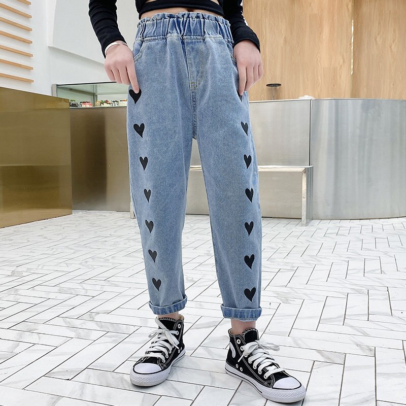 Jean imprimé cœur pour adolescentes, pantalon décontracté, taille élastique, printemps automne, 6 8 10 12 14,