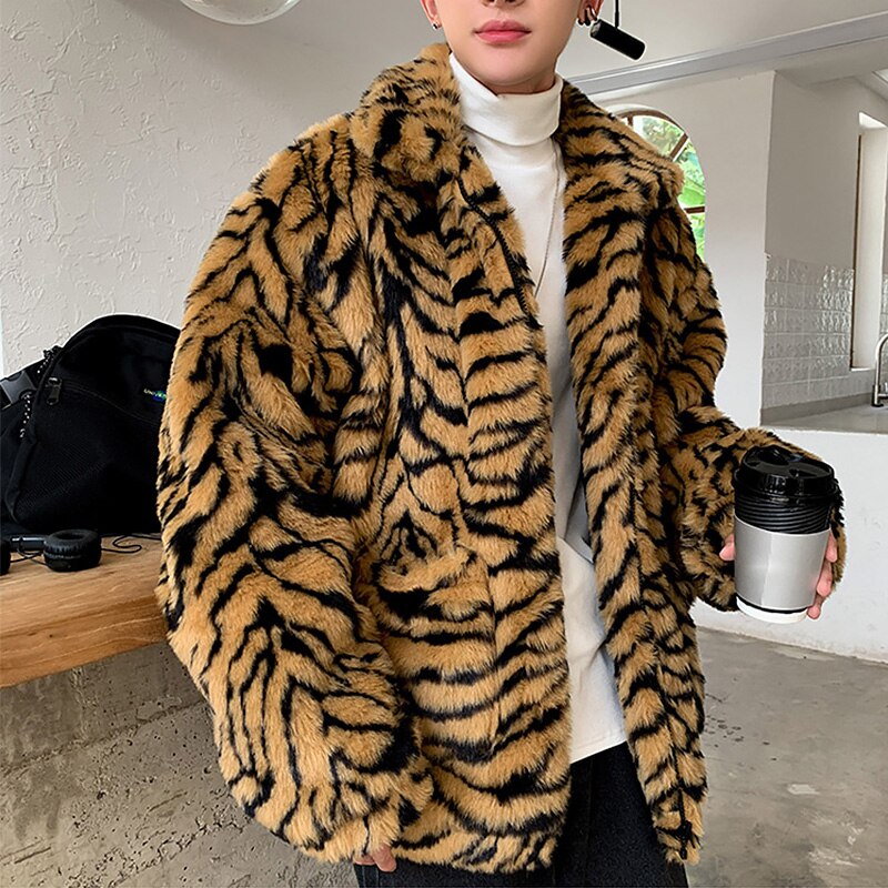 Chaquetas de Parkas gruesas con rayas de leopardo para hombre, abrigo de invierno de piel sintética para hombre, Bolsillos de solapa con cremallera, ropa de abrigo