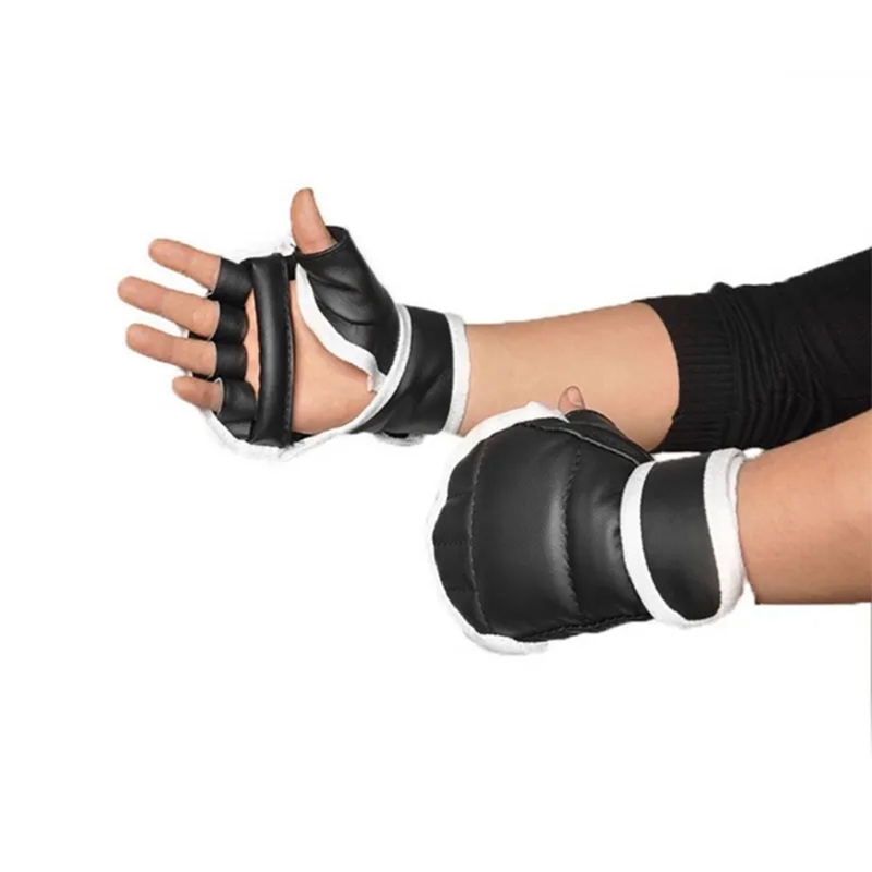 Guantes de entrenamiento Muay Thai, 1 par de manoplas de boxeo para principiantes, guantes acolchados de medio dedo, manoplas de entrenamiento de lucha de cuero de