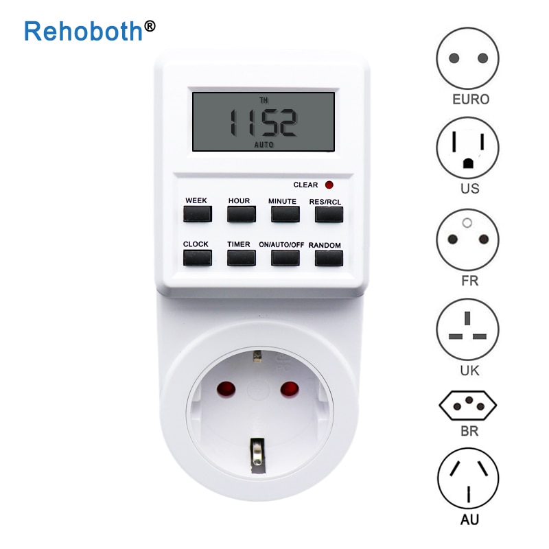 Elektronisk digital timer kontakt stik 24 timer cyklisk eu uk au us br fr stik køkken timer udtag programmerbart tidsindtag