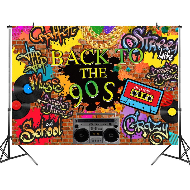 90’S Backdrop Hip Hop Graffiti Brick Wall Retro Radio Photography Background Back to The 90’S Themed Party Banner Decor