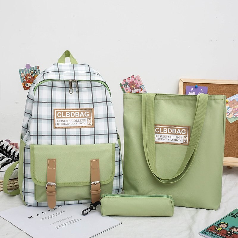 Puimentiua 4 Stks/set Rugzak Vrouwen Rugzak Canvas Schoudertassen Plaid Stijl Meisje Schooltas Vrouwelijke Student Rugzak Sets: green