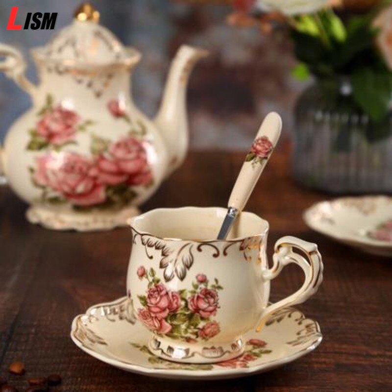 Ceramic Cups And Saucers Bone China Tea Cup Set Flower Printed Home Mug Set Porcelain Tea Cup & Saucer Sets