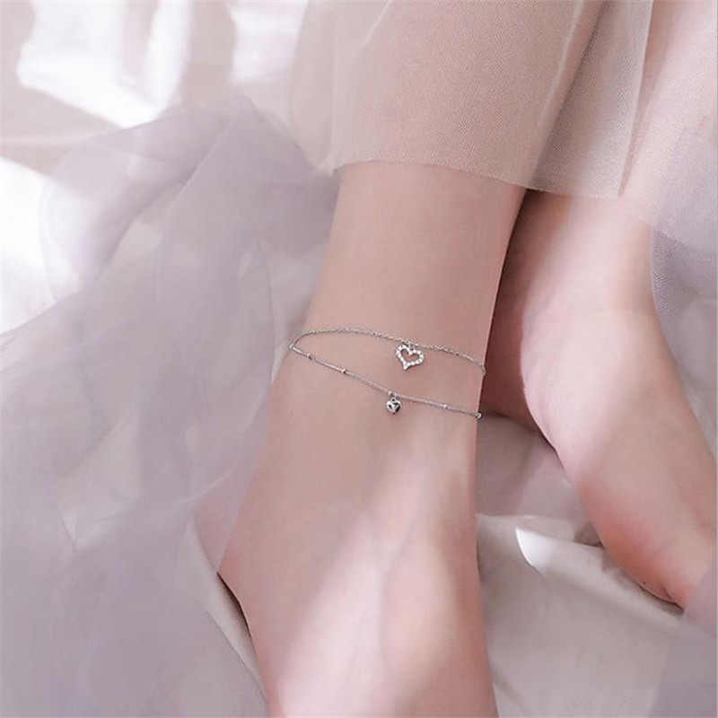 Exquisite Zircon Heart Double Layer Anklets Girl Jewelry Silver 925 Anklets Female Princess Foot Accessories Christmas