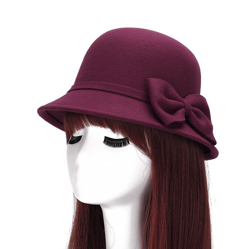 Herbst Winter Frauen Hütte Solide Wolle Filz Kuppel Fedoras Hüte Jahrgang Bogen Eimer Hütte Damen Kappe chapeau femme шляпа: Burgund