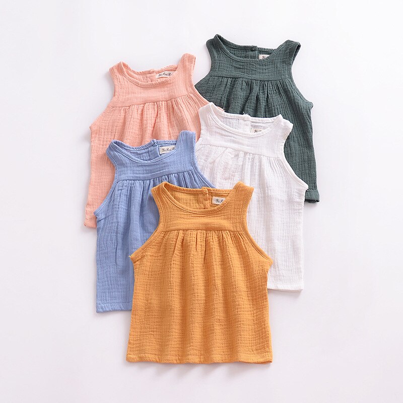 Baby Peuter Mouwloze Blouse Meisje Casual Zomer Tops Unisex Leuke Katoenen Meisjes Kleding 2022 5 Kleur Solide Kinderkleding