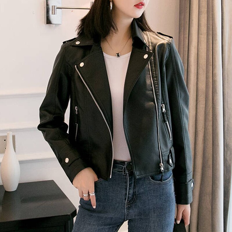 Vangull Faux Leather Jacket Women Solid Slim Punk Coat Spring Autumn Streetwear Ladies Casual Biker Motorcycle Jackets: black / XL