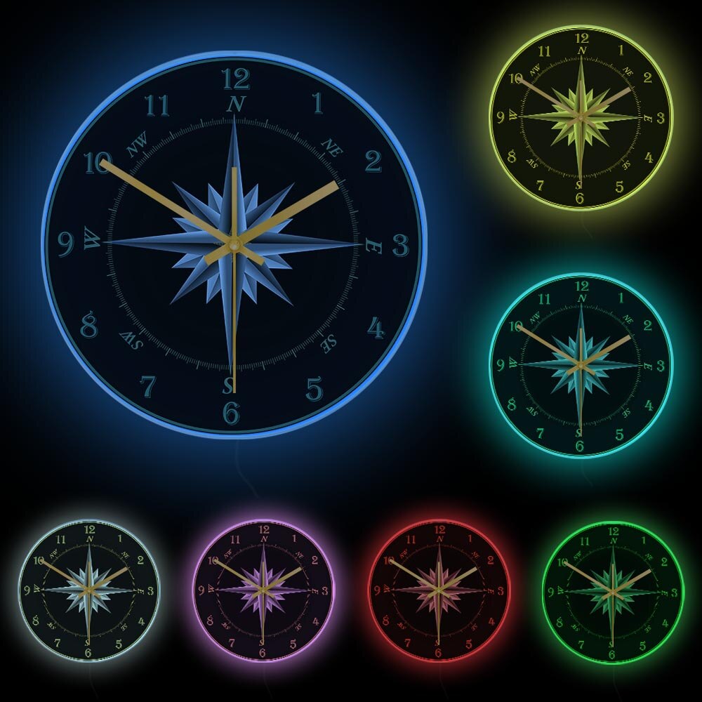 Mariner's Compass Wall Clock Compass Rose Nautical Home Decor Windrose Navigation Round Silent Swept Wall Clock Sailor's: White Frame With LED