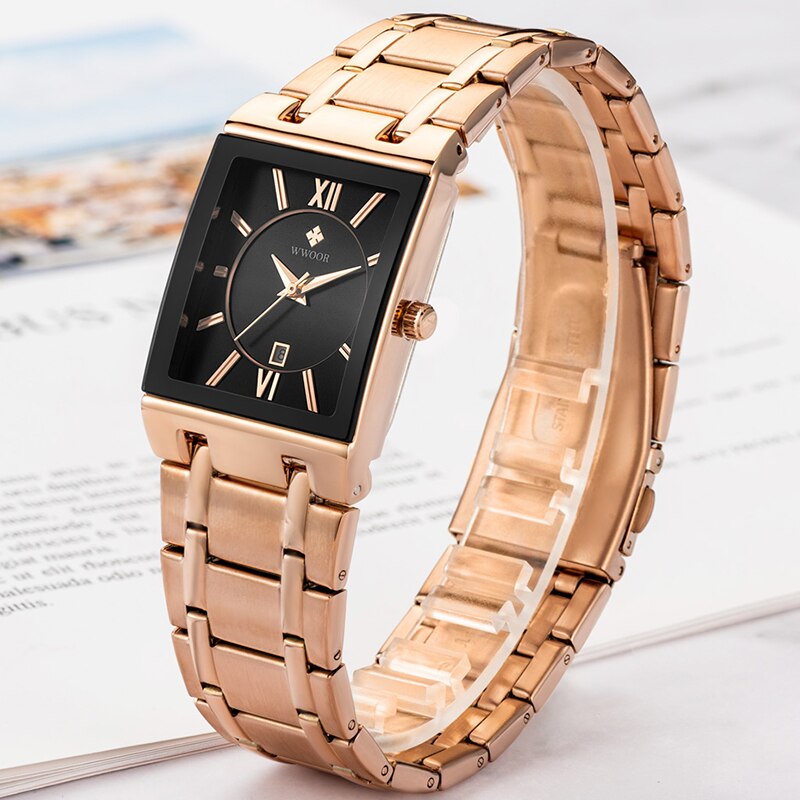 WWOOR-Relojes de pulsera para mujer, de cuarzo, Cuadrado dorado, rosa, deportivo, resistente al agua,