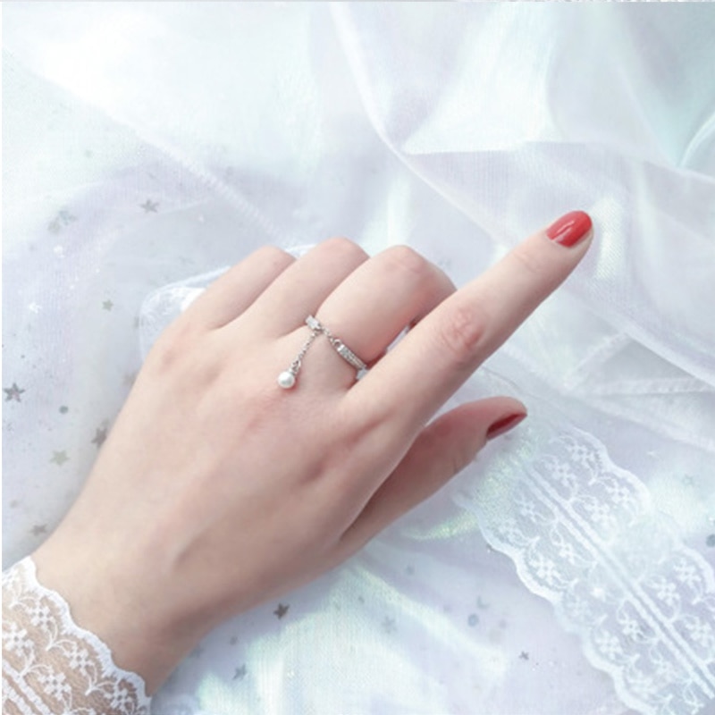 Anenjery Micro Zircon Tassel Chain Pearl Adjustable Rings For Women Silver Color Rings anillos Bague S-R334