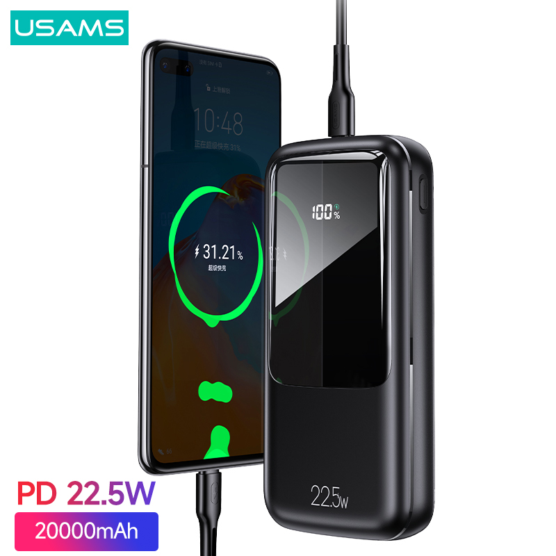 USAMS-Batería Externa PD 22,5 W, con pantalla Digital Powerbank, 20000mAh, QC, AFC, FCP, carga rápida, para teléfono, tableta y portátil