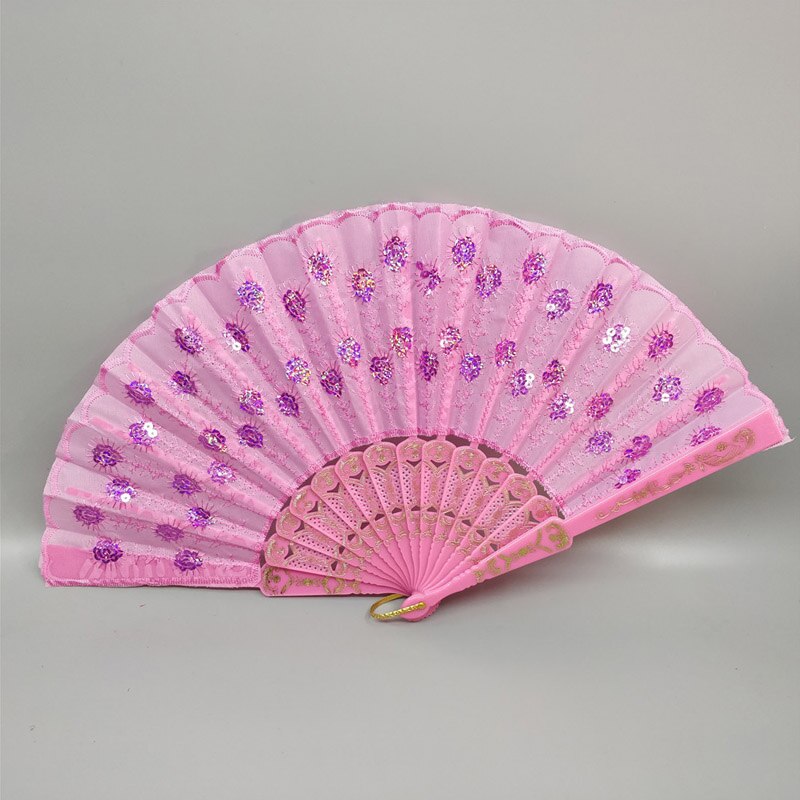 Art Folding Tail Feather Plastic Bone Sequins Carved Hand Fan Summer Accessory Crafts Print Home Decor Embroidery: Pink