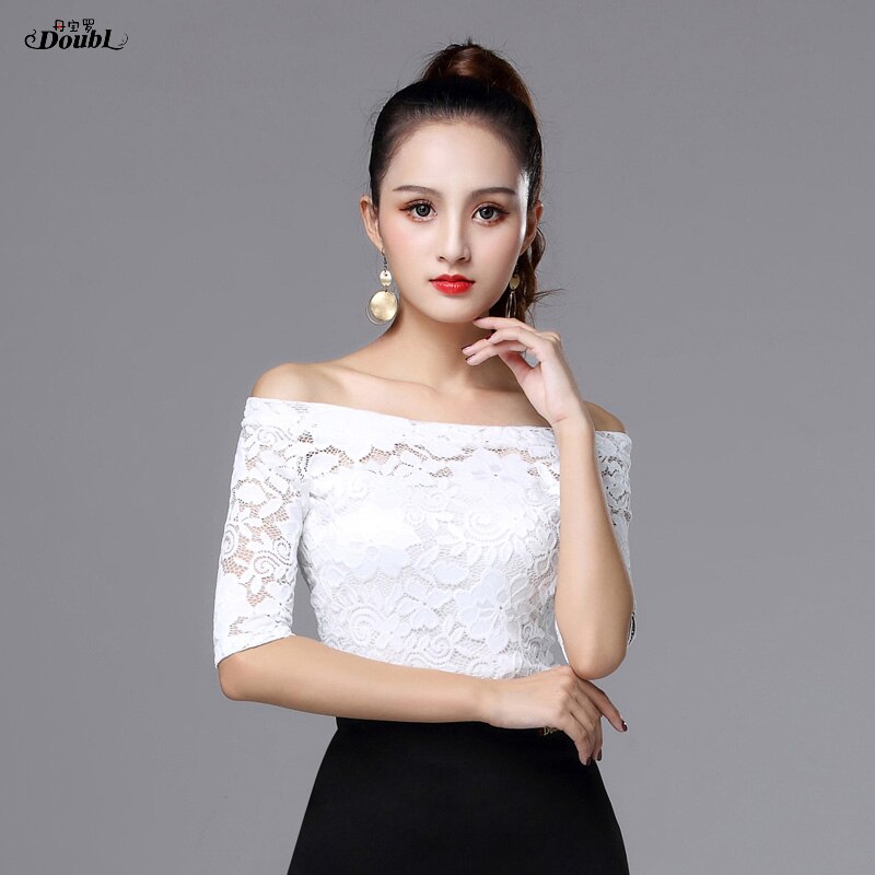 Dance Latin Dance Tops for Women's Girls Vogue Adult White Black Half Sleeve Boat Neck Lace Opaque Rumba Chacha Waltz Practice