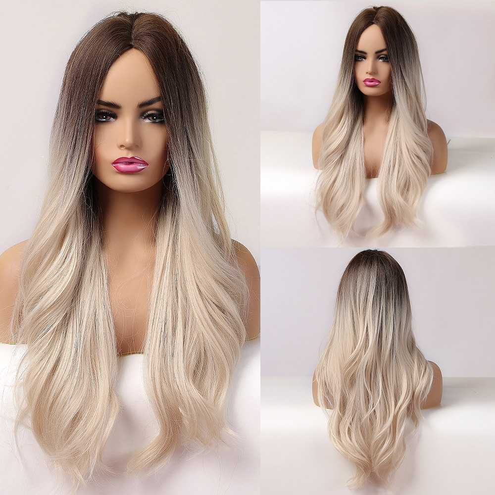 Alan eaton ombre svart brun platina blond peruk mittdel syntetiskt hår långa vågiga peruker för svarta kvinnor cosplay värmebeständig