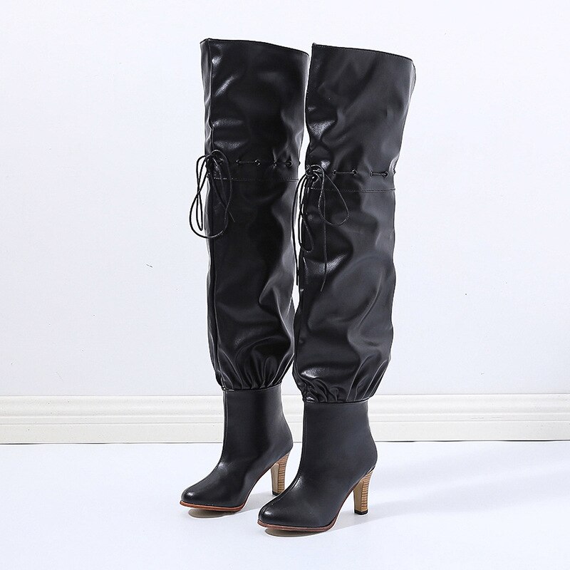 hiver femmes bottes à lacets Long Tube bottes confortable bout rond à talons hauts en polyuréthane sur le genou femmes bottes: Black / 40
