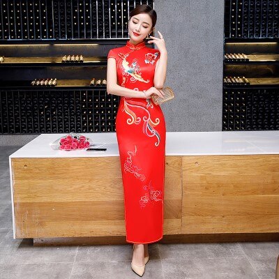 SHENG COCO S-5XL más tamaño largo Qipao Phoenix vestidos rojo chino vestido de boda patrón Fénix tradicional seda Cheongsam 4XL: M