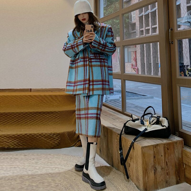 woolen coat 2-piece set female autumn winter style retro Korean thick mid-length blue coat plaid suit woolen coat