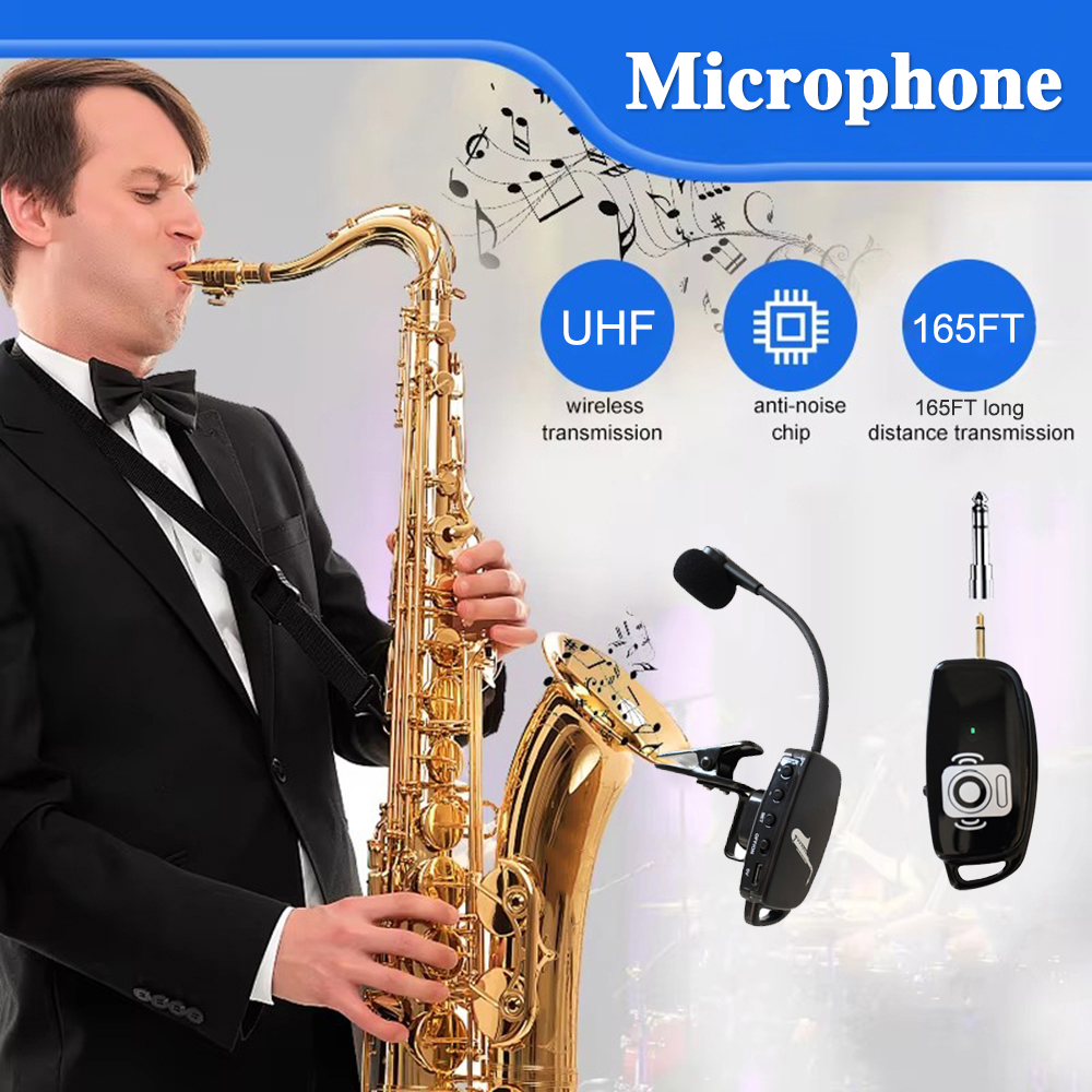 UHF Wireless Instruments Saxophonmikrofon Drahtloser Empfänger Sendermikrofon 165 Fuß Reichweite Plug-and-Play für Trompete Posaune