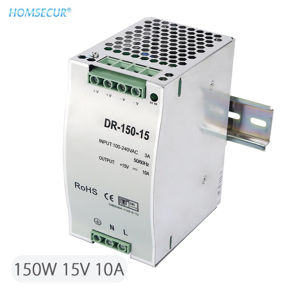HOMSECUR 15V 30W/60W/90W/120W/150W Din Rail Single Output Switching Power Supply For Video Door Intercom System: DR-150-15