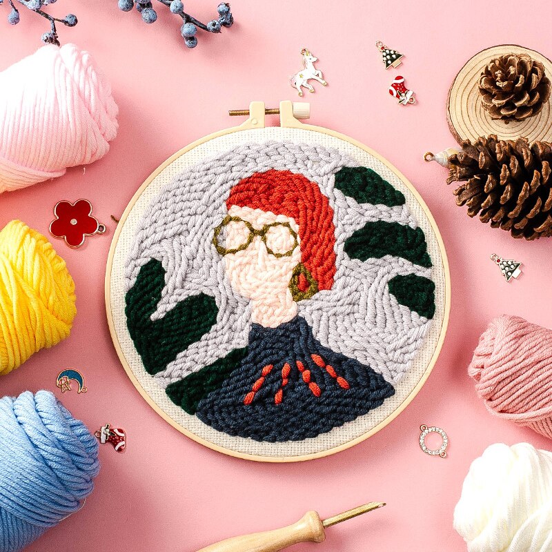 Girl DIY Punch Needle Embroidery Kit with Hoop Pattern Printed Needlework for Beginner Sewing Art Handmade Craft Decor: NO punch needle kit