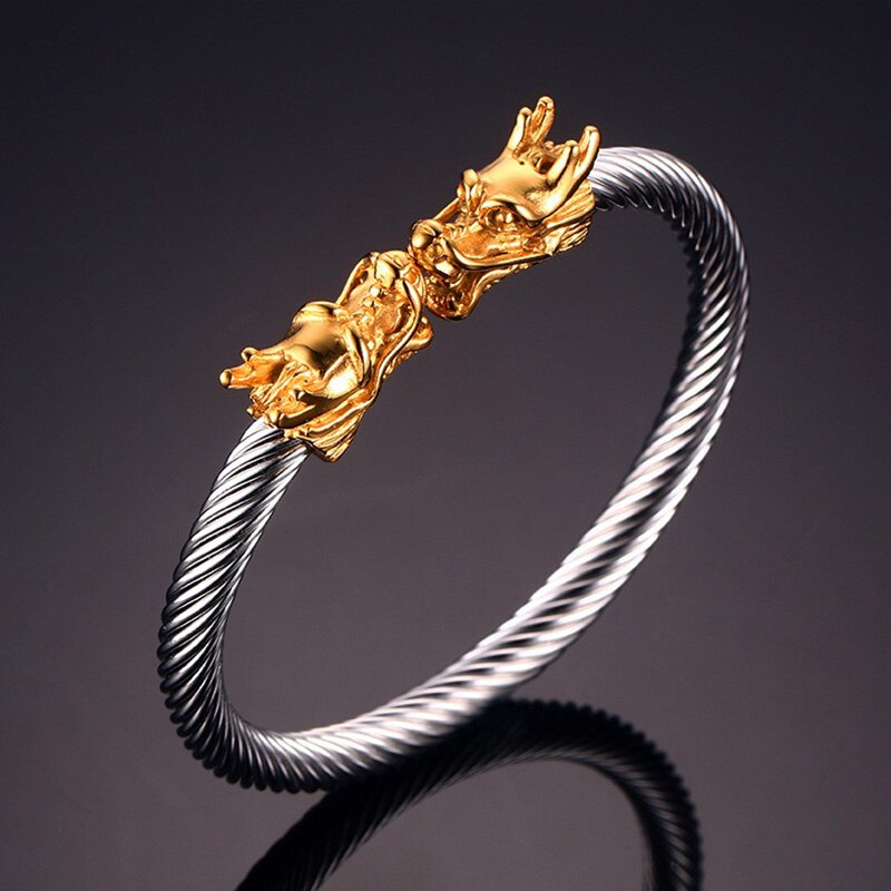 Drachen Akzente Starke Kabel Manschette Armbänder für Männer Edelstahl Elastische Einstellbare Armreif Jahrgang Männlichen Schmuck Brackelts