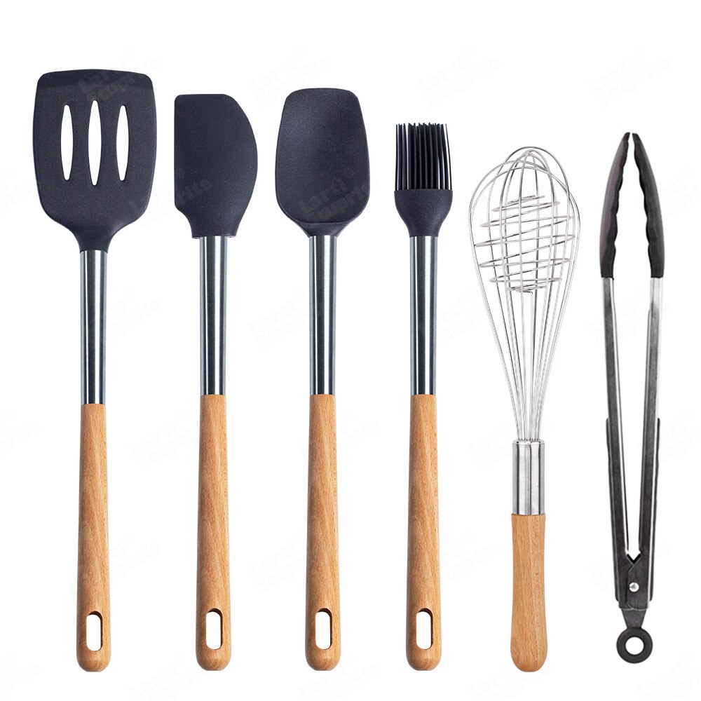 Kit d'ustensiles de cuisine en Silicone, ensemble d'outils de cuisine, accessoires allongés manche en bois massif, spatule cuillère Kit avec ustensiles de rangement: B06-C