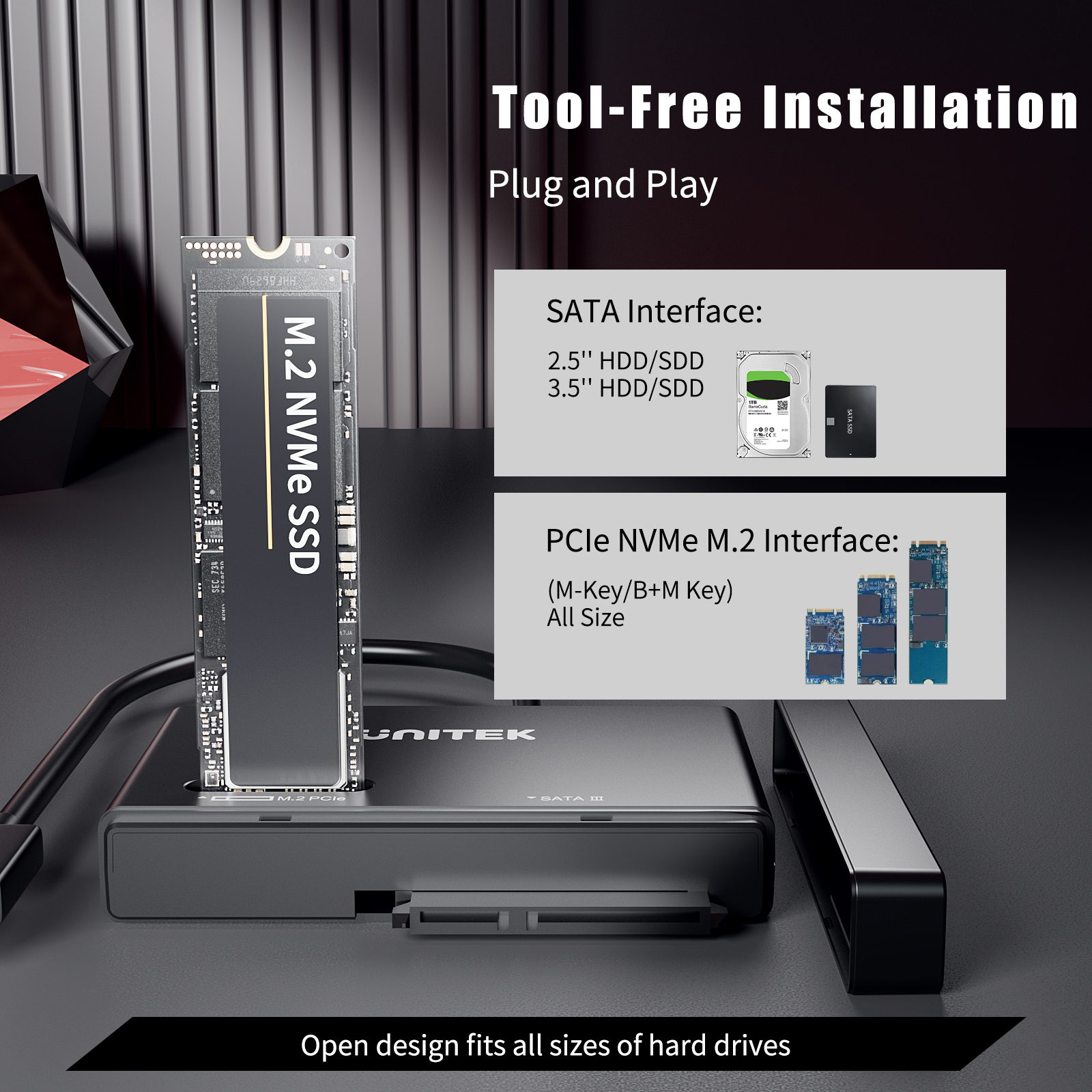 Unitek NVMe SSD Enclosure USB C to M2 SATA Case Adapter for 2.5" 3.5" Solid State Drive 10 Gbps External Hard Drive Reader