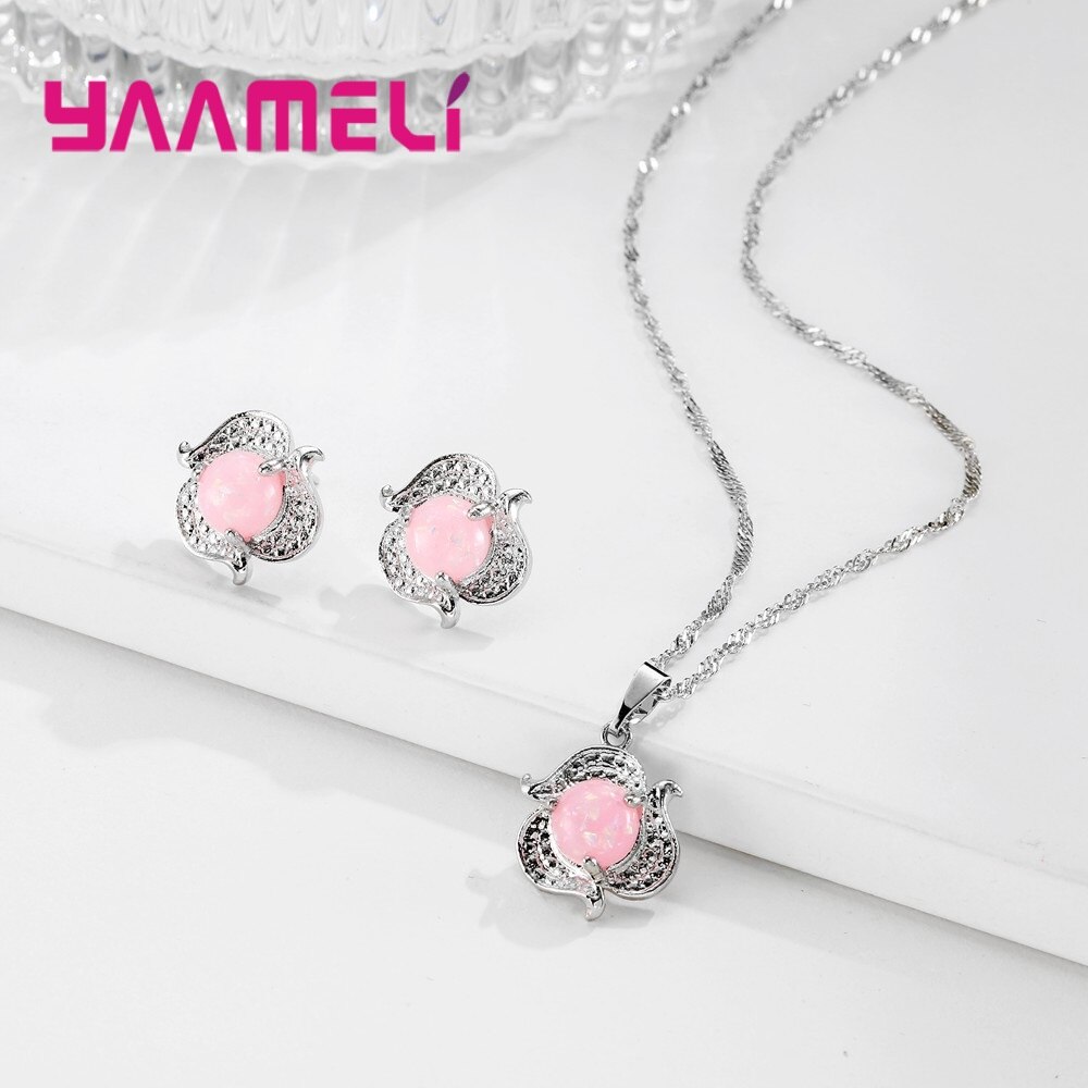 925 Sterling Silver Two Colors Opal Stone Pendant Necklace Earrings Jewelry Sets For Women Ladies Clear Cubic Zirconia