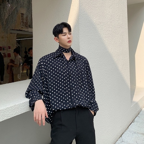 Men Vintage Long Sleeve Tie Ribbon Polka Dot Print Loose Casual Shirt Male Women Streetwear Hip Hop Dress Shirts Autumn: XL