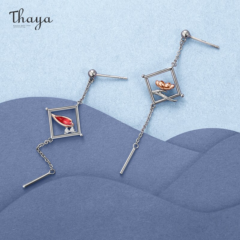 Thaya Original Silber-überzogene Ohrringe Plum Blossom Red Drip Öl Stud Ohrringe Platz Ohrringe Für Frauen Elegante Feine Schmuck