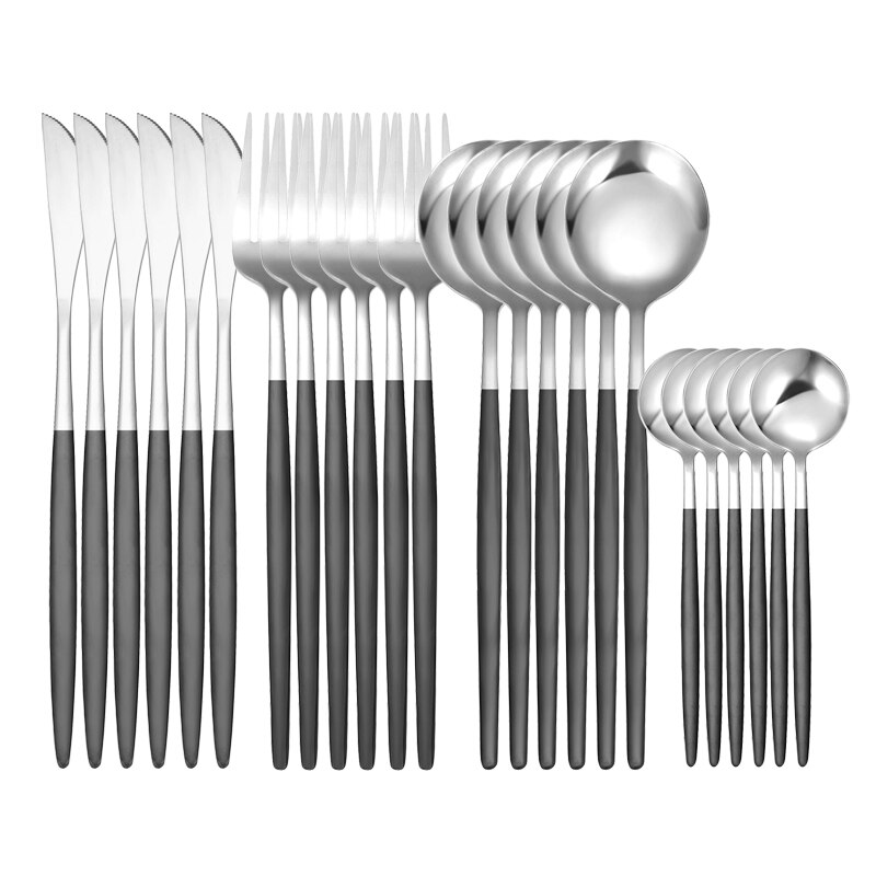 Green Gold 24 Piece Cutlery Cutlery Set Non-fading Cutlery Set Stainless Steel Cutlery Dinner Kitchen Household Knives: 24Pcs Black Silver