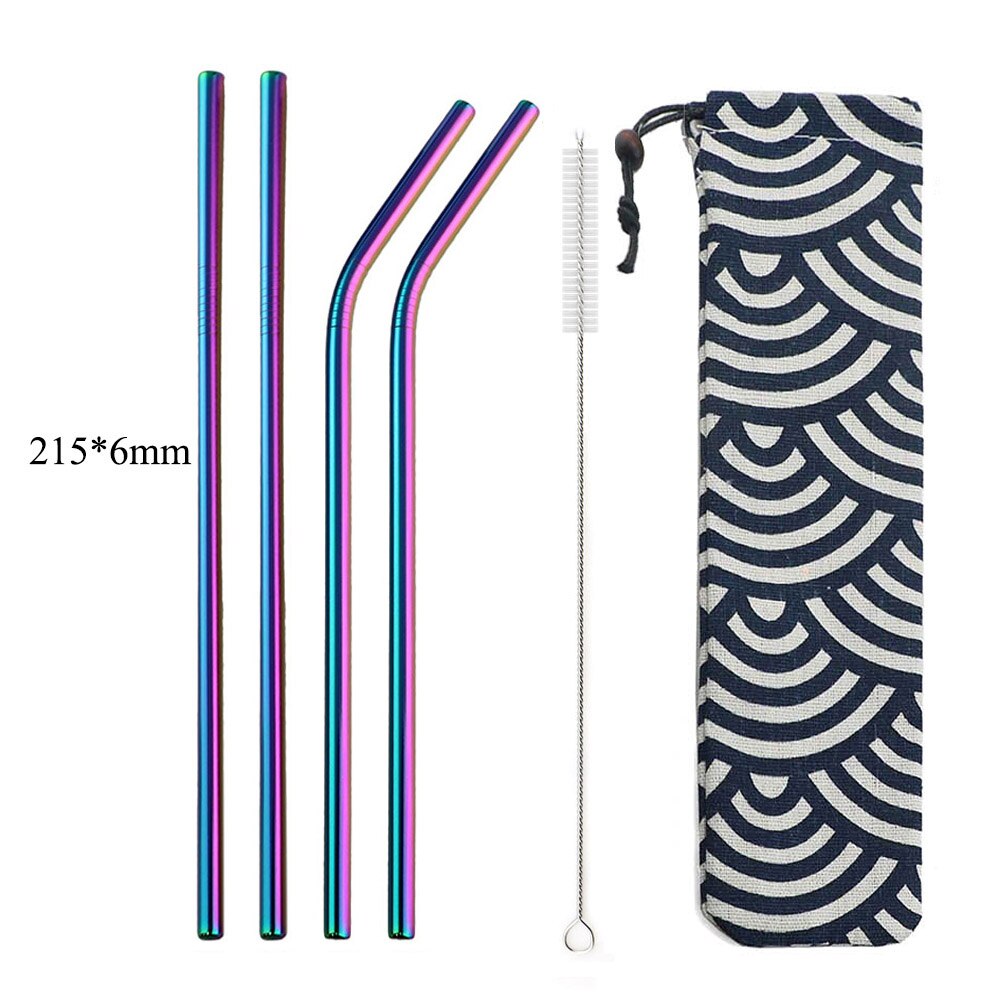 6 Pieces Rainbow Eco Friendly Stainless Steel Straw Reusable Metal Colorful Straws Metal with Brush & Bag Bar Tools: Rainbow F